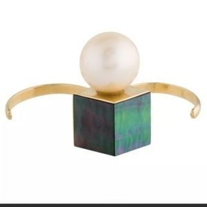 18k Yellow Gold Pearl Mother Of Pearl Ring 2 Finger-Designer Estate Jewelry 6.5g